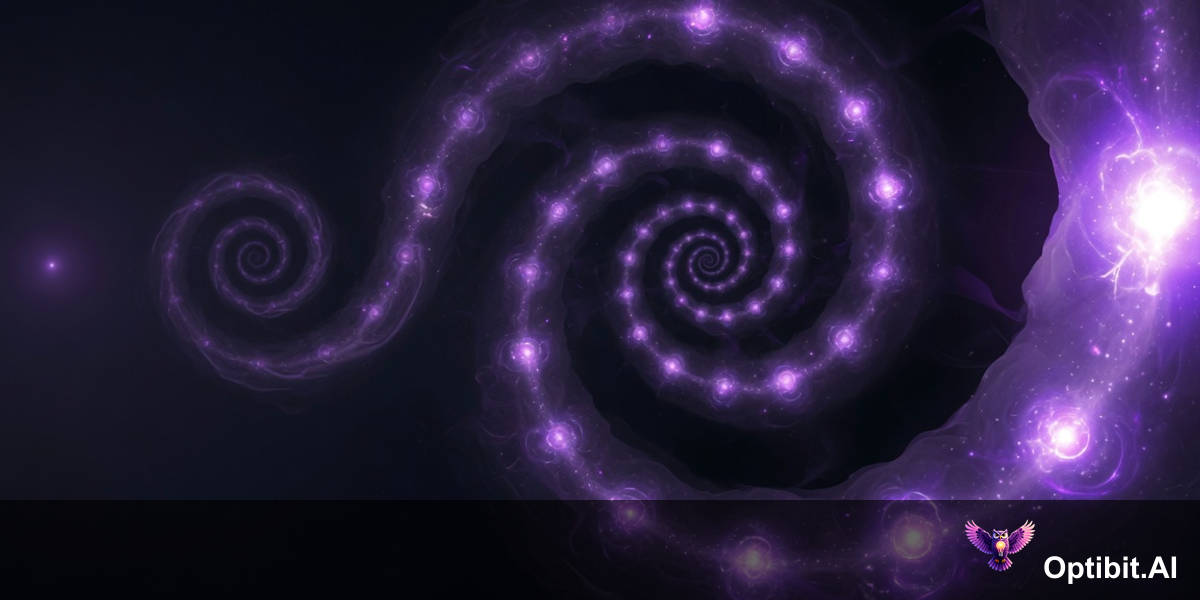 Abstract editorial compounding value visualization, dark near-black background, a single origin point on the left emits a growing spiral of violet light that expands outward as it moves rightward, at regular intervals new bright nodes are added to the spiral representing each release adding to the corpus, the spiral grows wider and brighter with each addition, by the right edge it has become a large luminous structure dramatically larger than the origin point, representing how institutional context compounds over time with each release and each approved output, purple violet accent colors, cinematic editorial style, no text