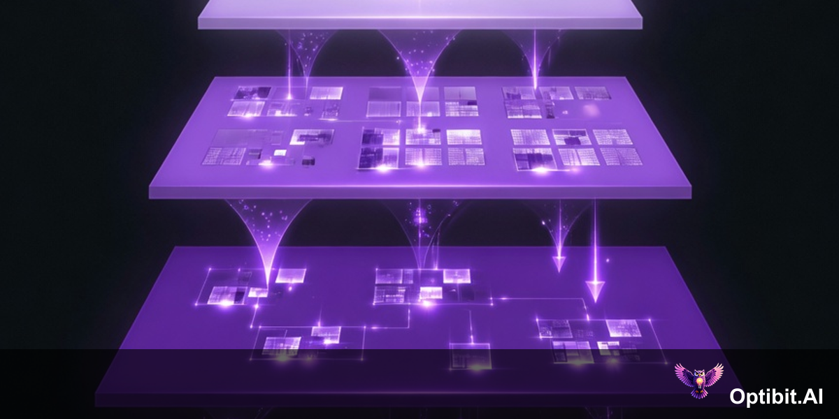 Abstract editorial four-layer architecture visualization, dark near-black background, four distinct horizontal layers stack vertically each glowing with a different intensity of violet light, the bottom layer source systems is a wide foundation layer with multiple distinct input nodes, the second layer synthesis corpus shows raw data transforming into structured glowing entries, the third layer selective retrieval shows precise subsets being extracted and channeled upward, the top generation layer receives the selected context and emits a bright precise violet output beam, the overall structure suggests a refinery that transforms raw institutional data into precise AI-ready context, purple violet accent colors, cinematic editorial infographic style, no text