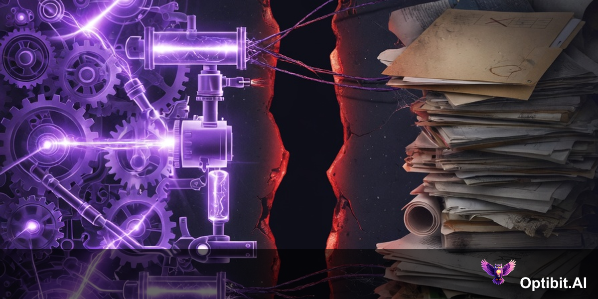 Fast-moving engineering output on the left faces a dimly lit, stagnant content stack on the right, with a glowing gap between them