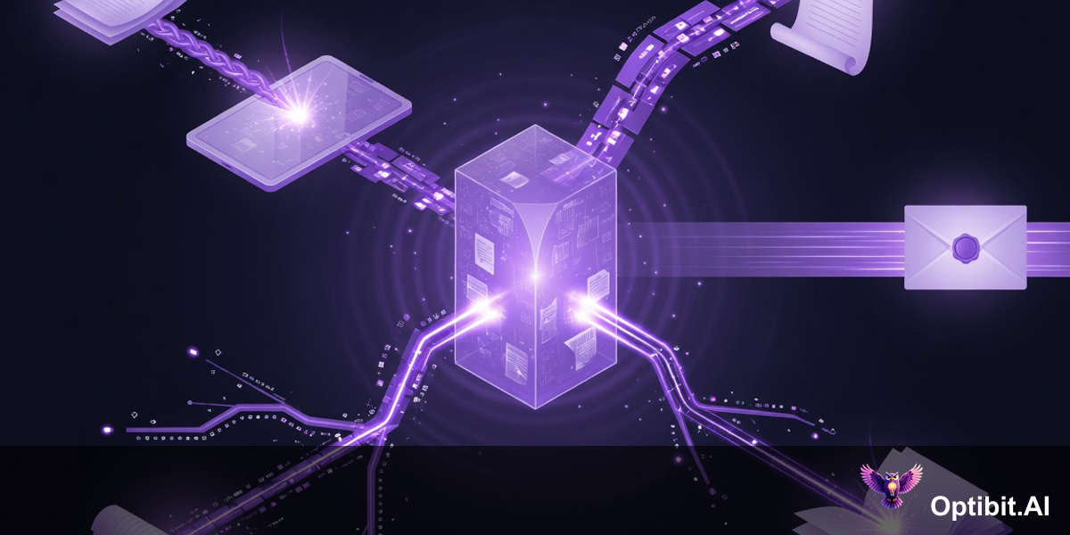 Abstract editorial data flow visualization, dark background, a structured glowing corpus vault emits distinct violet light streams that branch outward to different artifact types represented as distinct glowing document shapes, each receiving a precisely selected subset of context from the corpus, representing selective context injection matching the right knowledge to each generation task, purple violet accent colors, cinematic editorial infographic style, no text