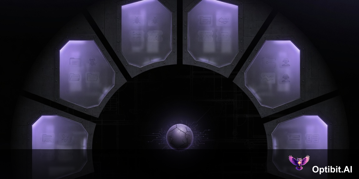 Abstract editorial architectural diagram showing product knowledge stored in separate disconnected dark chambers representing repository, wiki, CRM, support tickets, with no connections to a central AI generation node floating isolated in darkness, representing the gap between institutional knowledge and AI content generation, dark cinematic background with purple accent lighting
