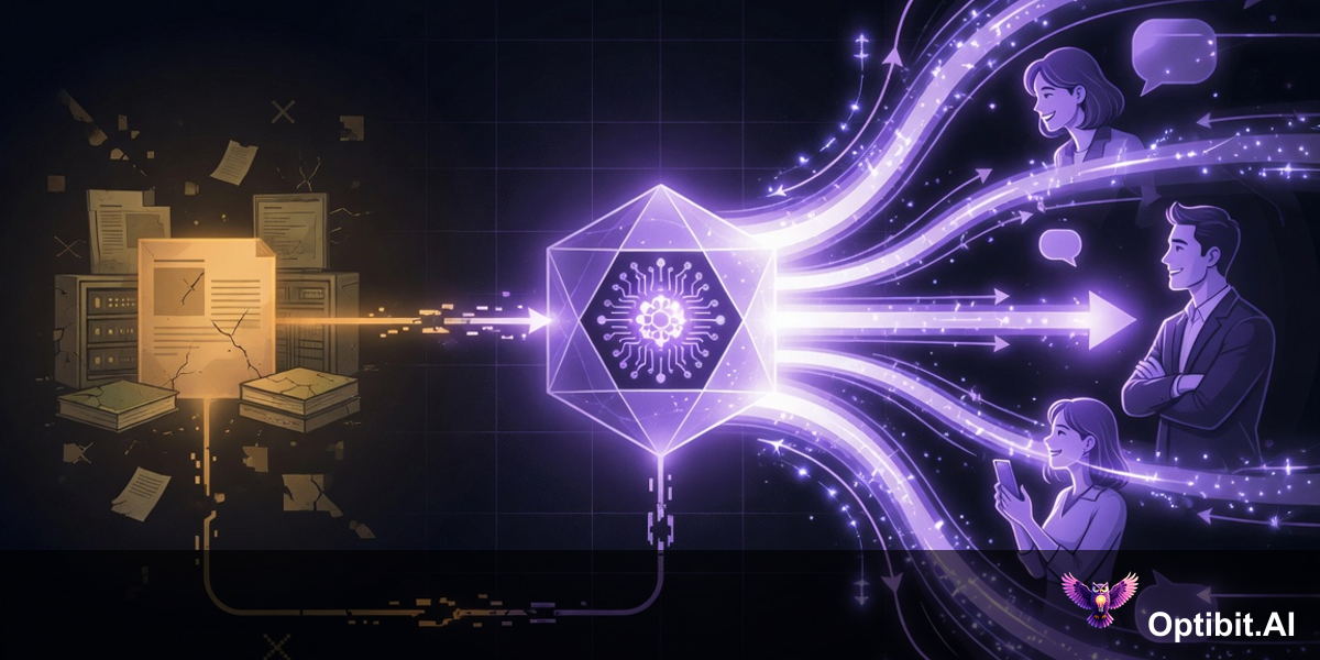Abstract editorial visualization showing an AI agent node radiating confident answer streams in bright light while behind it a knowledge base glows with outdated information at a different wavelength, the mismatch between the confident output and the stale source invisible to the customer receiving the answer, dark background with purple violet tones