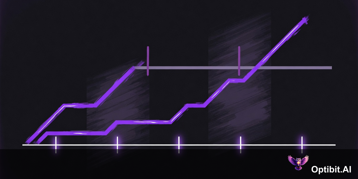 Abstract editorial timeline visualization showing the lag between product releases and analyst understanding, with a long gap between briefings during which the product evolves unseen by the analyst, dark background with purple violet accents