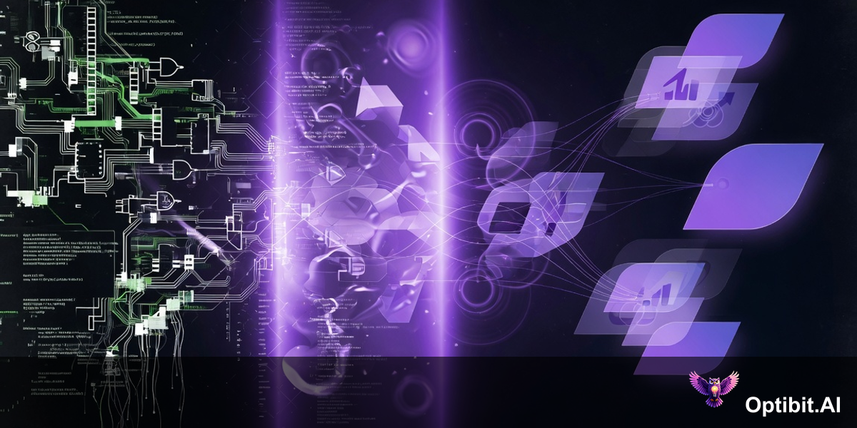 Abstract visualization of product release information being translated into analyst-ready narrative content, showing the transformation from technical engineering output into strategic capability language that analysts can incorporate into their evaluations, dark editorial background with purple violet tones