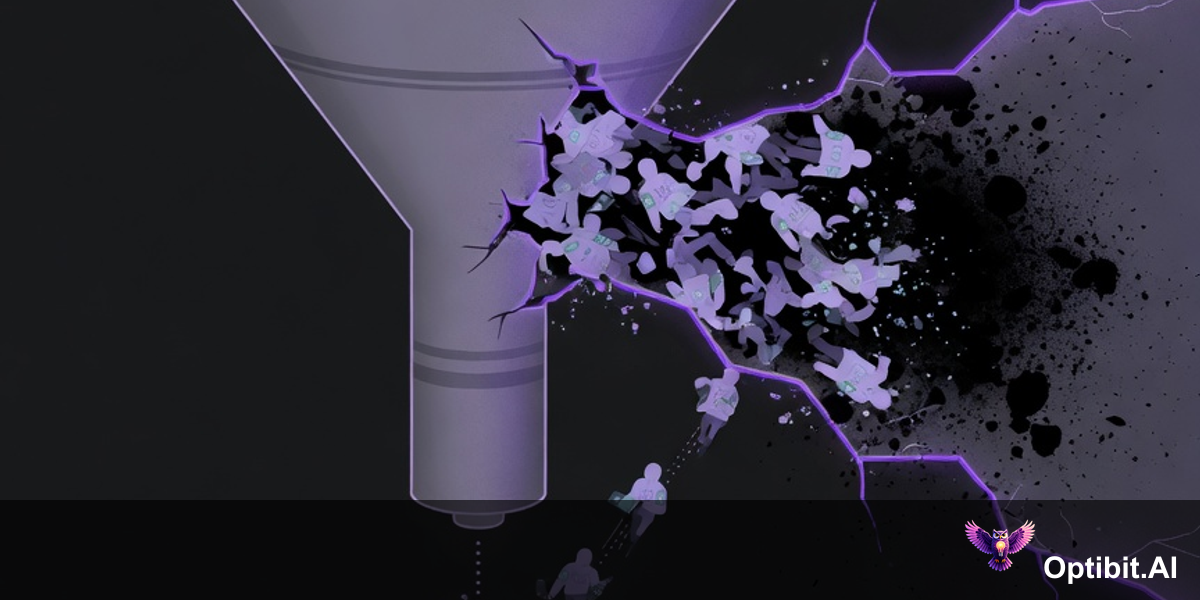 Abstract visualization of a developer adoption funnel with a large leak at the documentation stage, developers flowing in from the top but a significant portion escaping through a gap labeled broken trust before reaching integration, dark editorial style with purple violet tones