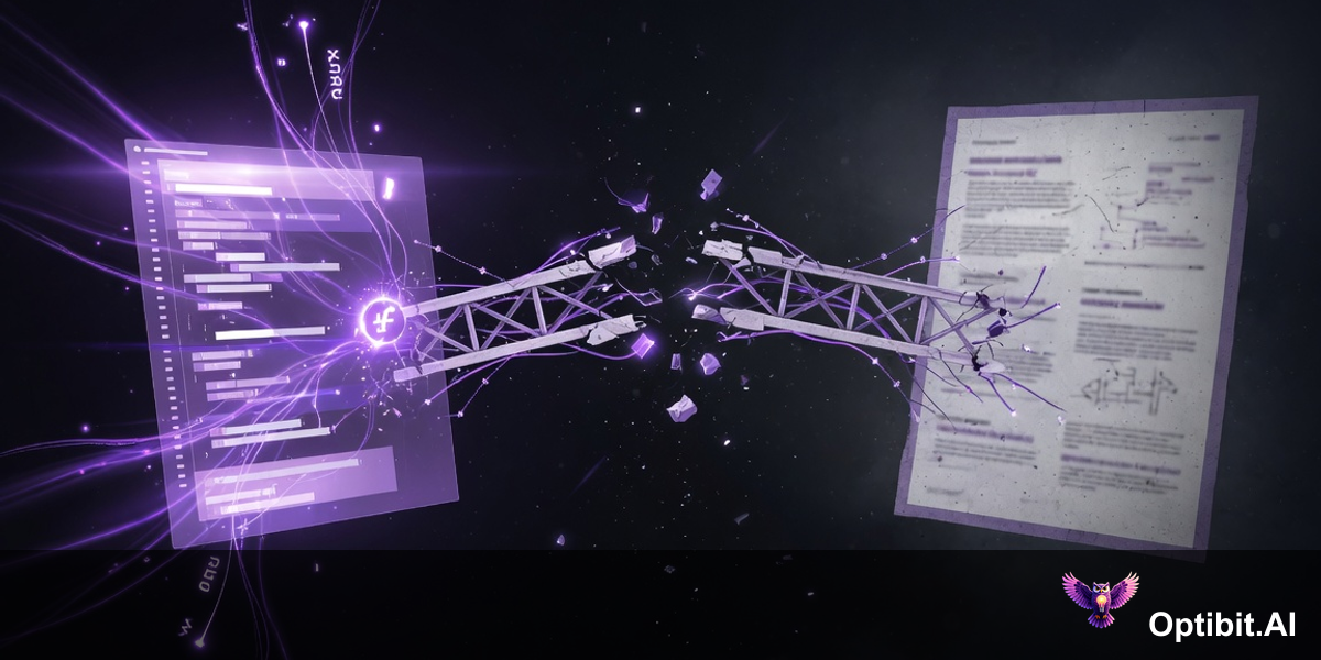 Abstract editorial diagram showing the gap between engineering commits changing an API and documentation pages that remain frozen at an older state, the disconnect visualized as a broken bridge between the two systems, dark background with purple violet accent lighting