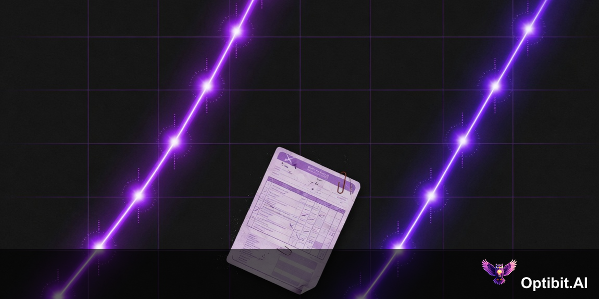 Abstract editorial visualization of two product trajectories moving upward over time while a battle card document remains static between them, the gap between the frozen card and the moving products growing wider on both sides as time progresses, dark background with purple violet accents