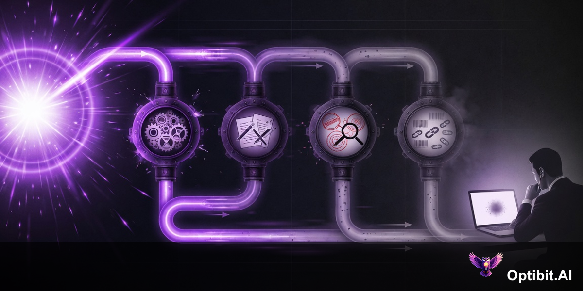 Abstract editorial visualization of a competitive intelligence pipeline showing competitor releases entering on the left, a long bottleneck delay in the middle representing the manual research and update process, and sales reps on the right receiving outdated information too slowly, dark background with purple violet accent lighting