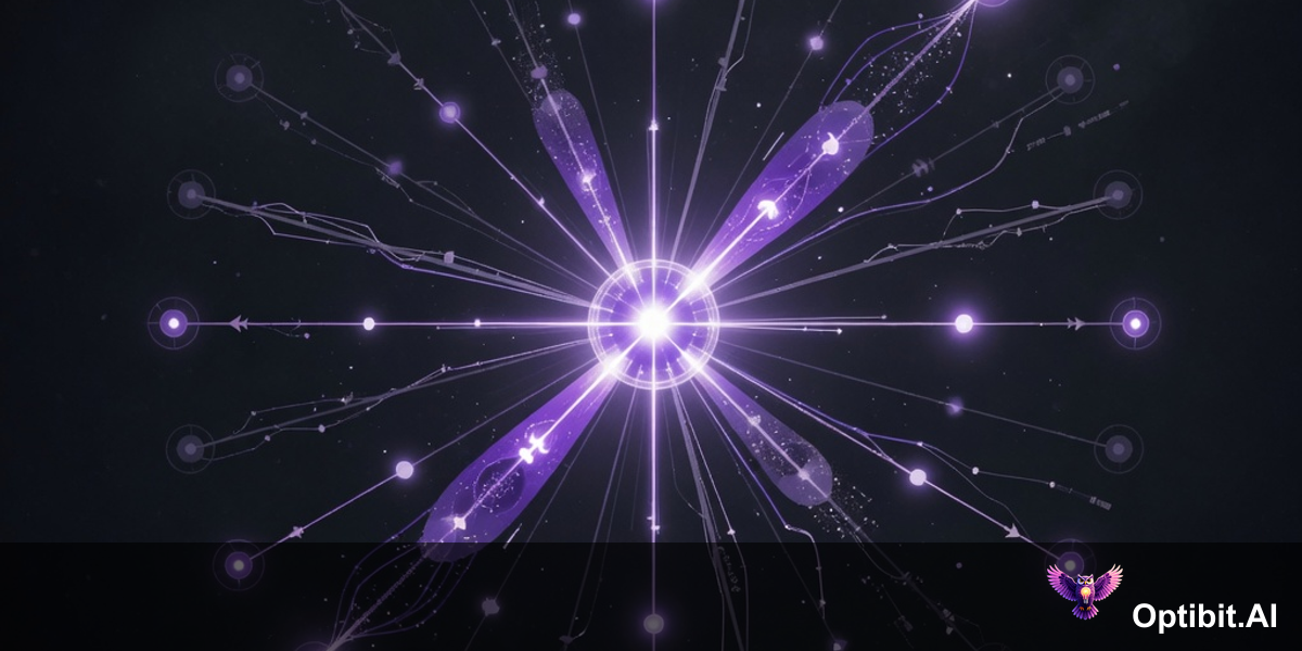 Abstract editorial visualization of a vendor at center connected by information streams to multiple partner nodes on the periphery, the streams fade and thin as they reach the outer partner nodes representing diminishing information currency, some partner nodes glow brightly with current knowledge while others are dim representing partners who stopped receiving updates, dark background with purple violet accent lighting