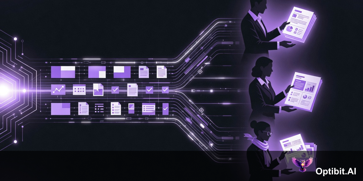 Abstract editorial visualization of a structured partner update flowing from a vendor source through a clear channel to multiple partner recipients who each receive distinct relevant context, the information arriving as bright usable content rather than undifferentiated noise, dark background with purple violet accent lighting