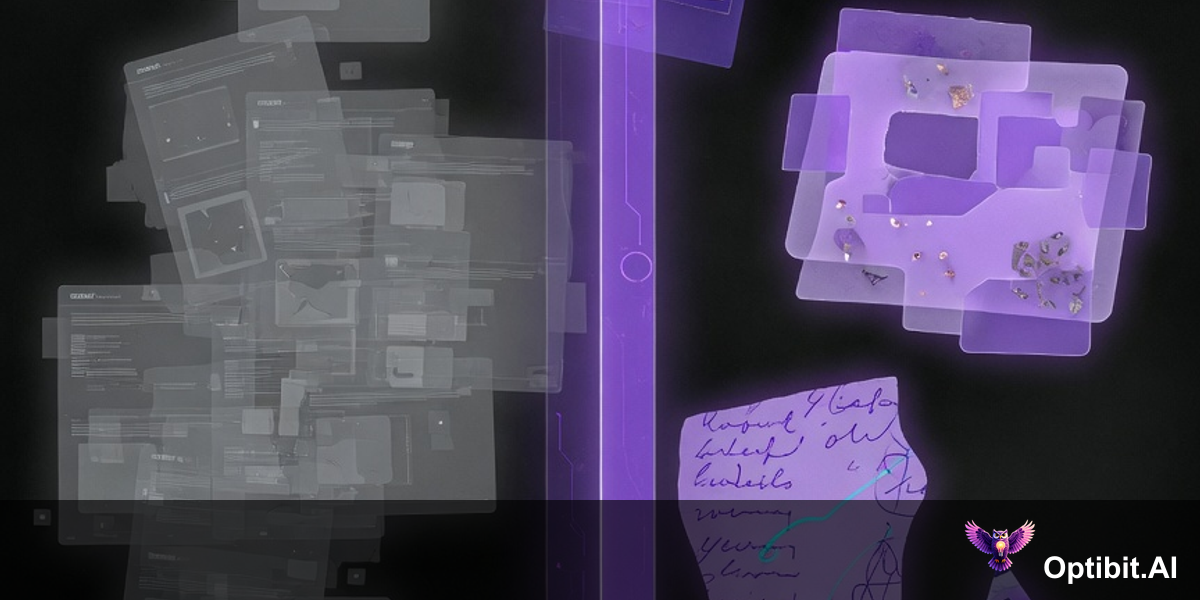 Abstract editorial split visualization, on the left undifferentiated gray content streams merge into indistinguishable outputs representing generic AI content, on the right distinct violet streams each carrying unique signals from a corpus source produce clearly differentiated outputs, dark background with purple accent lighting