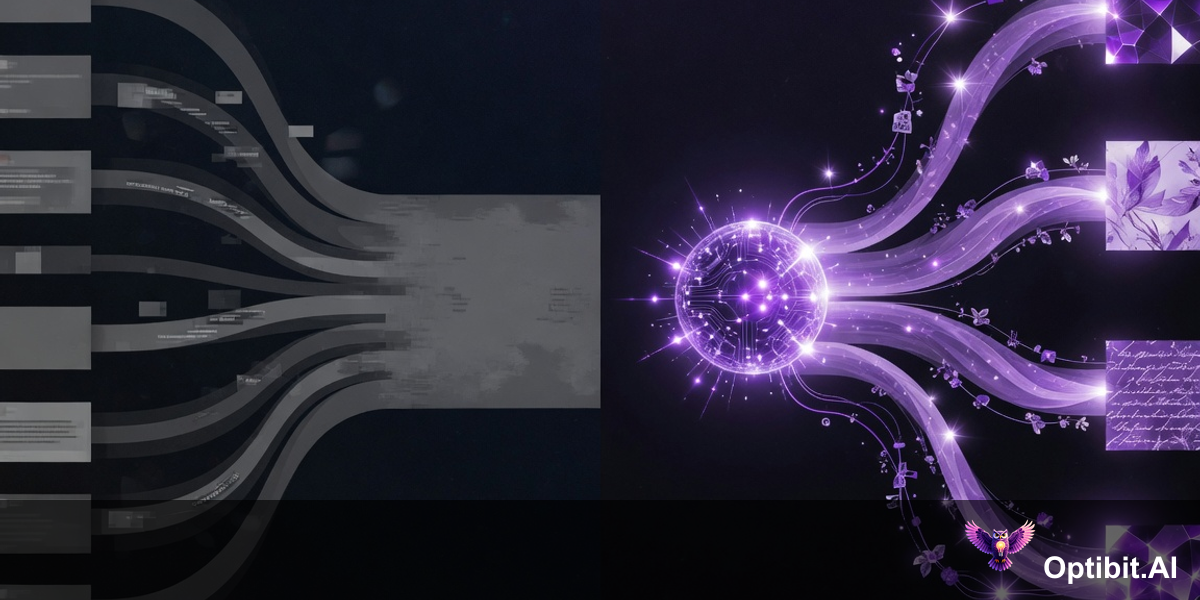 Abstract editorial visualization showing a spectrum from generic AI output on the left represented as gray undifferentiated content streams to highly specific grounded output on the right represented as distinct violet light, with context injection as the mechanism that moves output from left to right, dark background with purple accent lighting