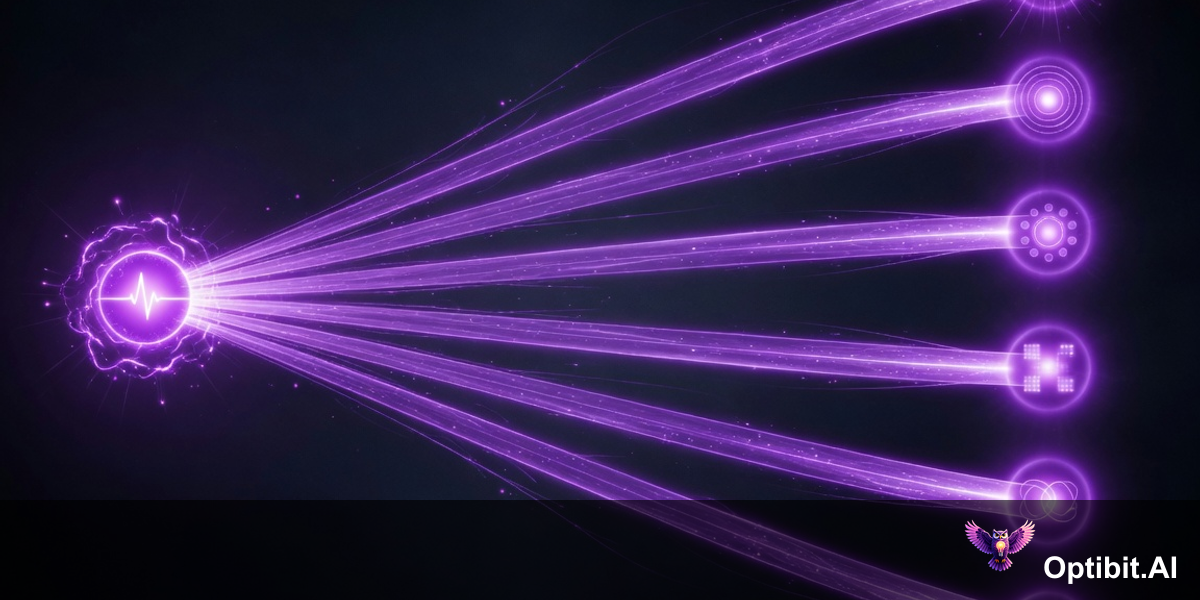 Abstract editorial pipeline visualization, dark near-black background, on the left a bright violet engineering source node labeled with a release tag emits a primary stream that immediately branches into six parallel violet channels each flowing simultaneously to distinct team destination nodes representing sales marketing customer success support partners and engineering documentation, all six channels glow equally bright and arrive at their destinations at the same time representing synchronous GTM-native release communication, the parallel simultaneity is the key visual theme contrasting with sequential handoff chains, purple violet accent colors, cinematic editorial style, no text
