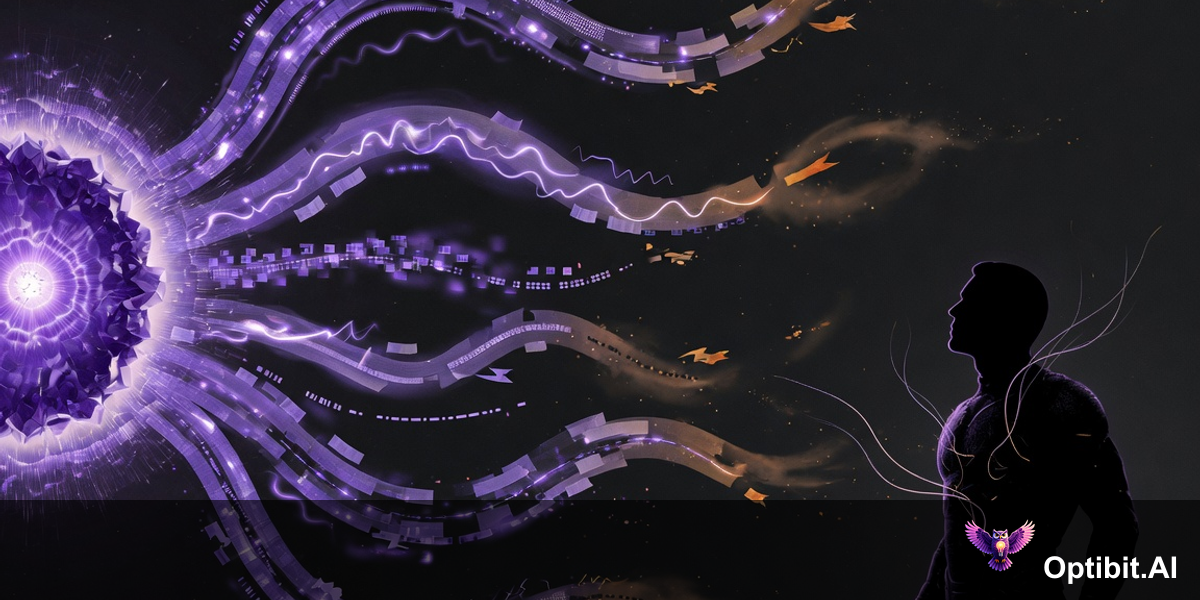 Abstract visualization of product update information fragmenting and dispersing into ineffective channels before reaching a champion figure, most streams fading before arrival, dark editorial style with purple violet tones
