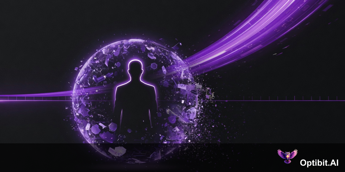 Abstract editorial visualization showing a champion figure whose knowledge sphere is shrinking over time while the product grows larger around them, creating a widening gap, dark background with purple violet accents
