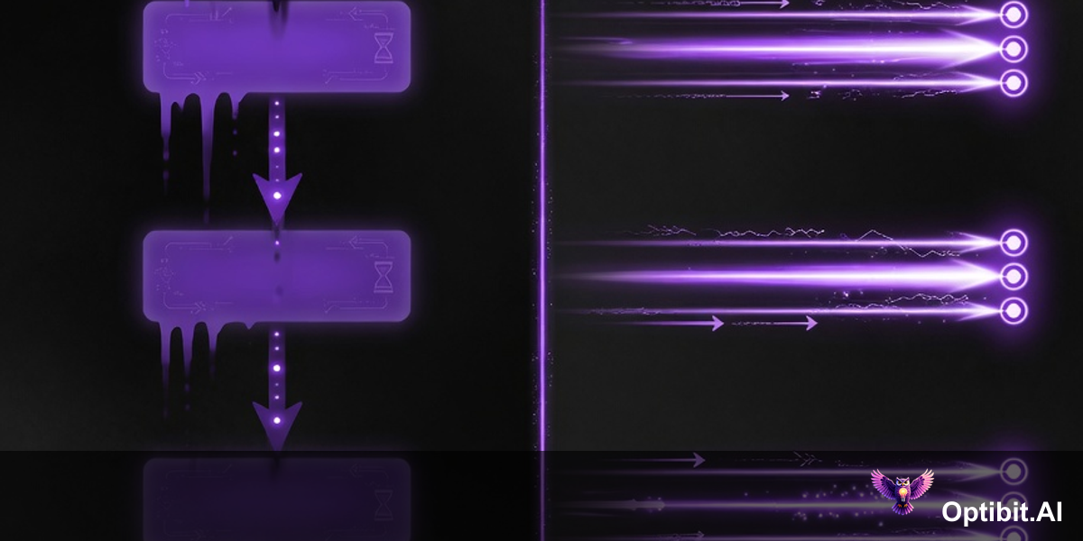 Abstract editorial comparison visualization, dark near-black background, left side shows a sequential vertical chain of glowing stages each dependent on the one above representing the localization waterfall with content flowing slowly downward through multiple bottlenecks, right side shows a single source node at the top branching simultaneously into multiple parallel horizontal streams each flowing directly to a distinct market destination at the same level, the parallel right side is dramatically faster than the sequential left side, purple violet accent colors, cinematic editorial style, no text