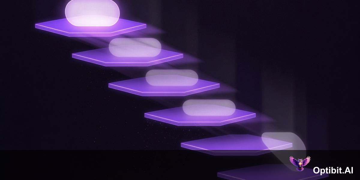 Abstract editorial diagram showing sequential localization steps as a descending waterfall of violet light stages each dependent on the one above, at each step the violet light dims slightly representing time lost, by the bottom stage the content is faint and much time has passed, dark background with purple accent lighting representing the compounding delay of sequential localization workflow, no text