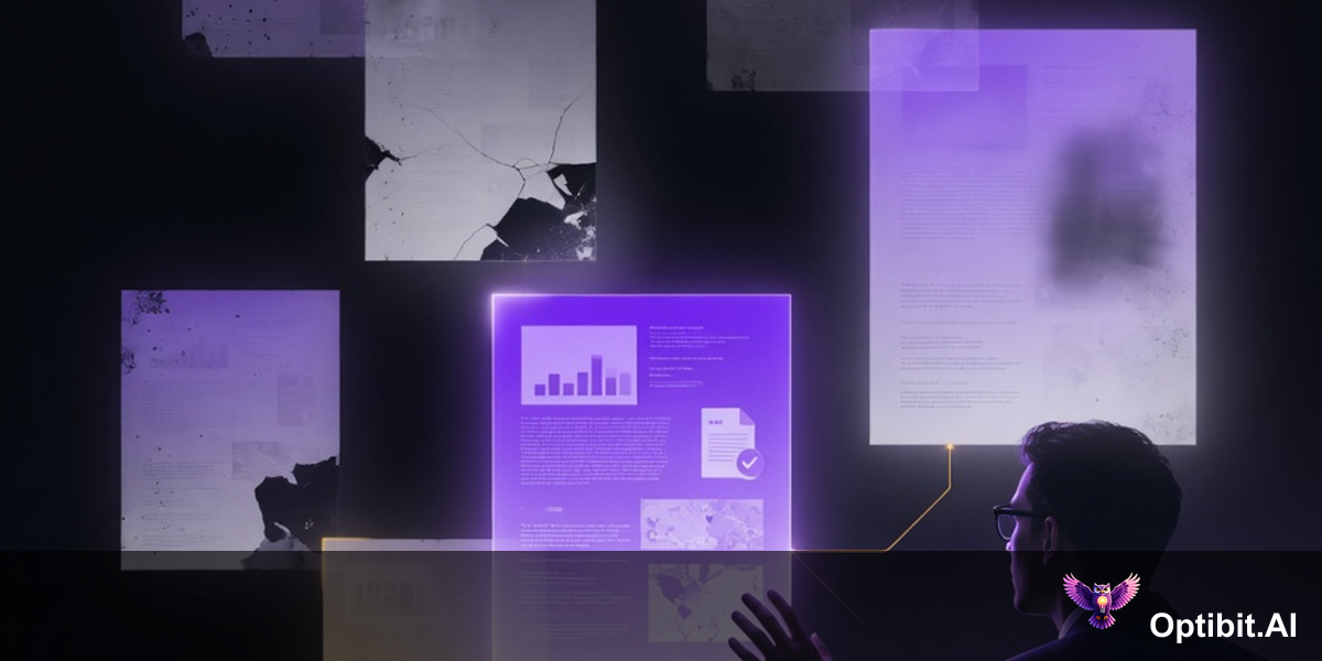 A buyer independently researching a product before contacting sales, surrounded by floating panels representing stale information sources