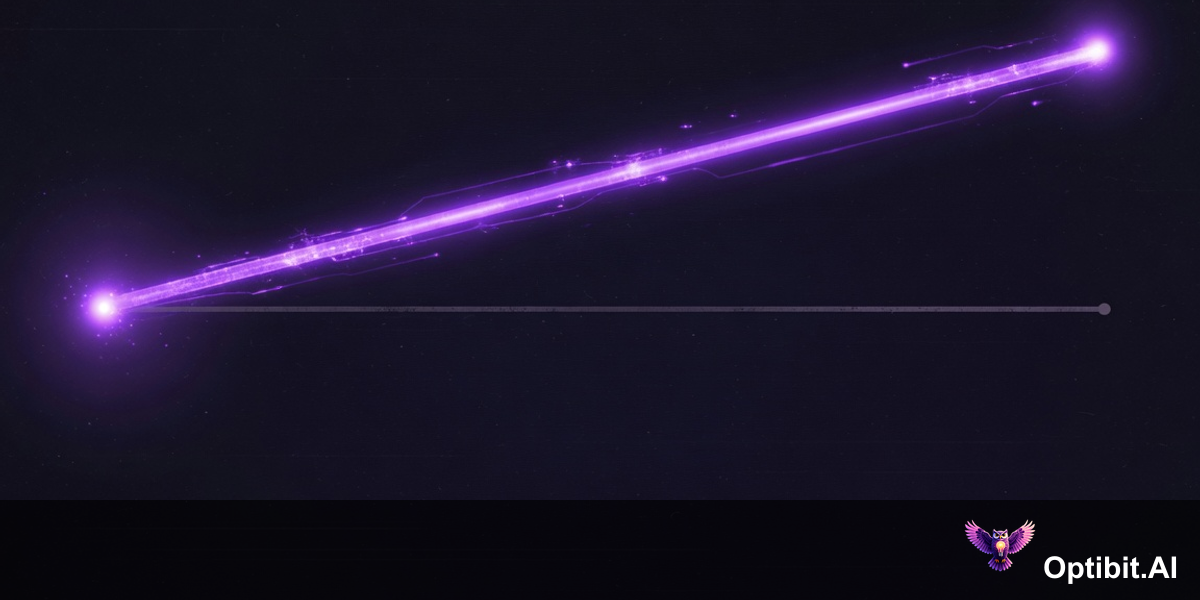 Abstract editorial timeline visualization, dark near-black background, at the left origin point a bright violet node represents a marketplace listing created at launch perfectly matching the product, as the timeline extends rightward the product path represented by a bright ascending violet line continues to evolve and improve while the listing path represented by a flat dim line stays frozen in place, the gap between the two lines grows wider over time, by the right edge of the composition the distance between the live product and the stale listing is dramatic, purple violet accent colors, cinematic editorial style, no text