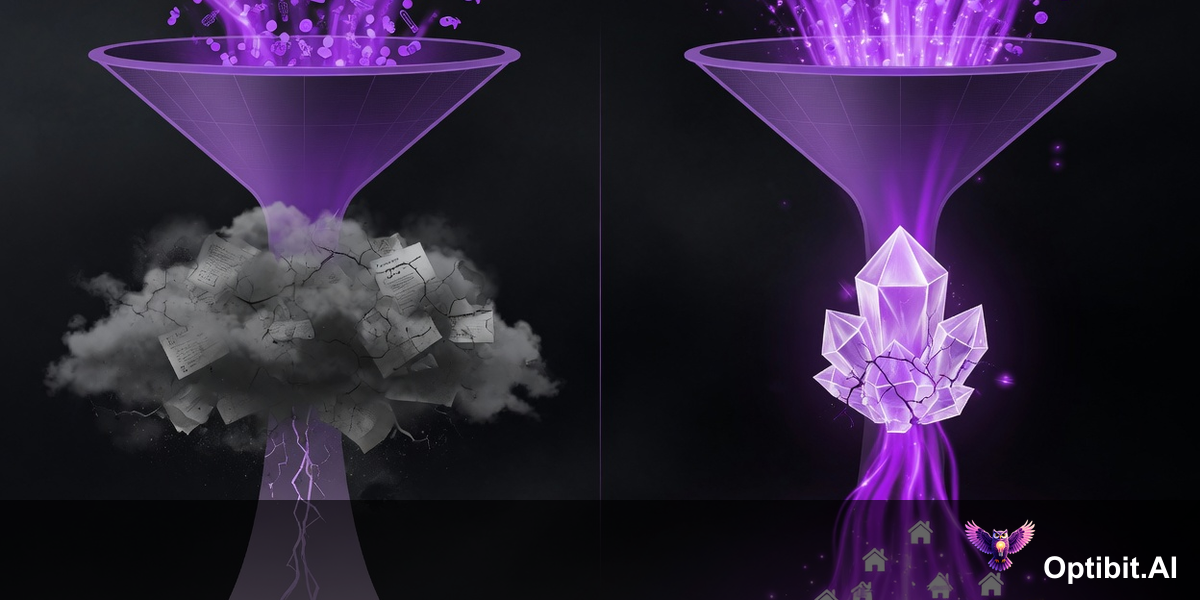 Abstract editorial funnel visualization, dark near-black background, at the top a wide bright violet stream of high intent prospects flows into a marketplace discovery funnel, midway through the funnel a stale listing represented as a gray cloudy obstruction blocks most of the flow allowing only a small trickle to pass through to the demo request stage below, beside it an alternative funnel shows a current listing represented as clear violet glass allowing the full bright stream to flow through with minimal loss, the contrast between the blocked funnel and the clear funnel is dramatic, purple violet accent colors, cinematic editorial style, no text