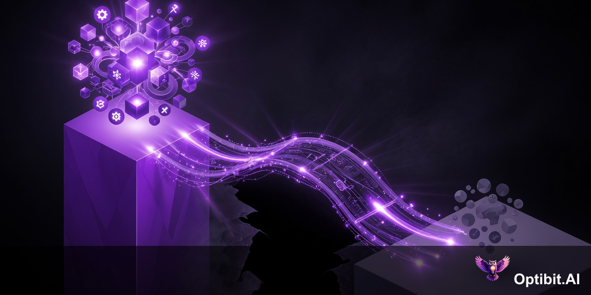 Abstract editorial visualization showing a dark chasm between two glowing violet platforms, on the left platform a bright cluster of violet light represents the full product with all its features, on the right a smaller dimmer cluster represents what the customer currently knows, between them a bridge of structured glowing violet communication pathways connects the two platforms bringing hidden feature light across the gap to illuminate the customer side, representing systematic feature communication closing the discovery gap, dark background with purple accent, cinematic editorial style, no text