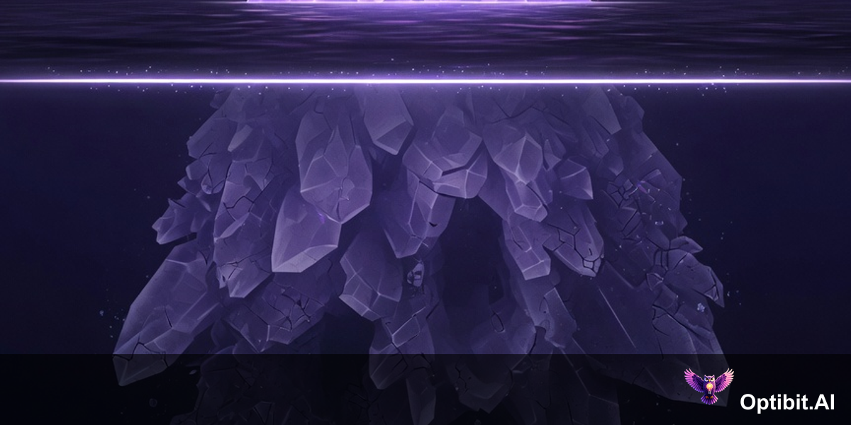 Abstract editorial iceberg visualization, dark near-black background, above the waterline a glowing violet section represents the features customers know about and use, below the waterline a much larger dimly glowing section represents features customers have never discovered, the below-waterline portion is substantially larger suggesting the undiscovered product surface exceeds the discovered one for typical customers, purple violet accent with deep dark underwater tone, cinematic editorial style, no text