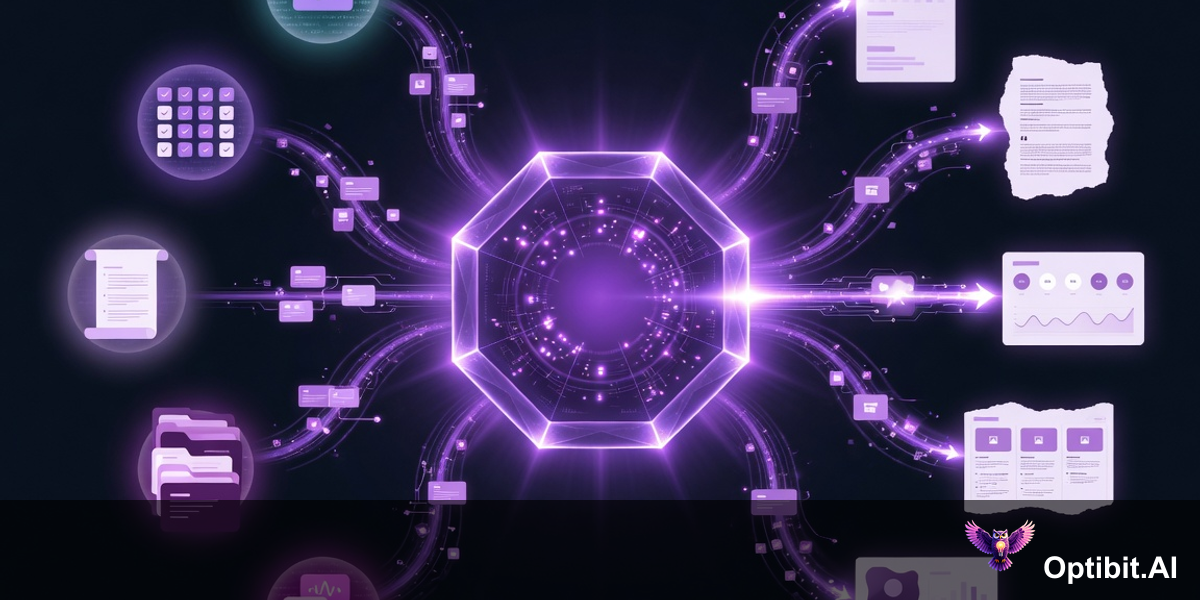 Abstract editorial visualization of a central glowing violet hub representing the OptibitAI agentic layer, surrounded by a ring of distinct source nodes representing enterprise tools including code repositories, project management, CRM, document storage each connected by bright violet data streams flowing inward to the hub, from the hub a second ring of outward streams flows to content artifact shapes representing different document types for different teams, cinematic dark background with purple violet accent, no text in the image
