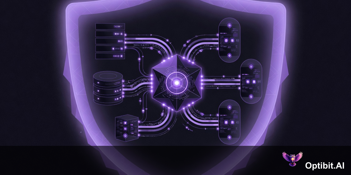 Abstract editorial visualization of the OptibitAI secure deployment architecture with all data flows contained within a protected perimeter boundary