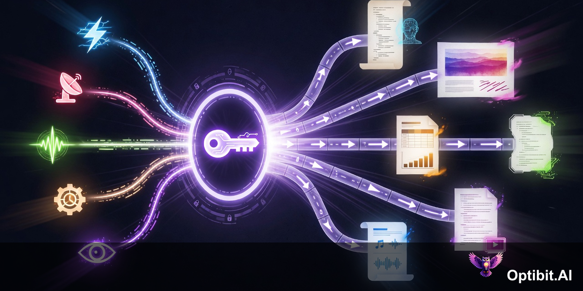 Abstract editorial visualization of automated content pipelines flowing from multiple trigger sources through an API gateway into parallel content generation streams, dark background with purple violet glows