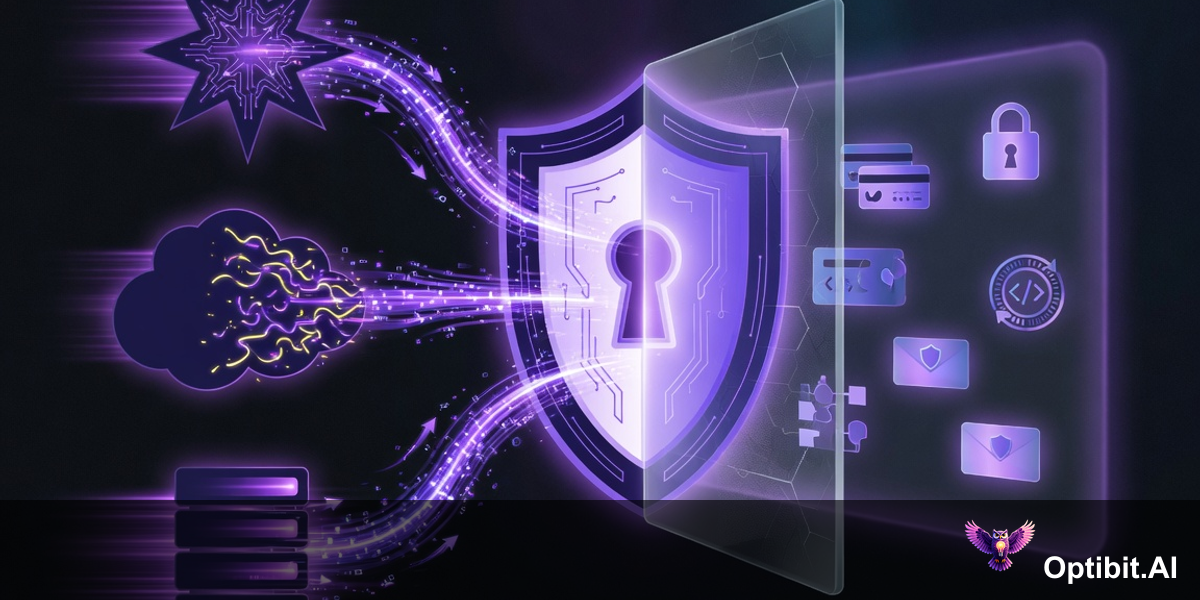 Abstract diagram showing external automation tools connecting through an API key gateway into OptibitAI's corpus and integration layer, dark background with purple violet accent lighting