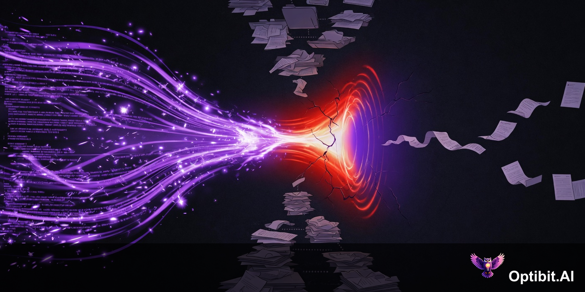 A high-velocity pipeline of features is compressed through a narrow documentation bottleneck, with a backlog of undocumented work piling up
