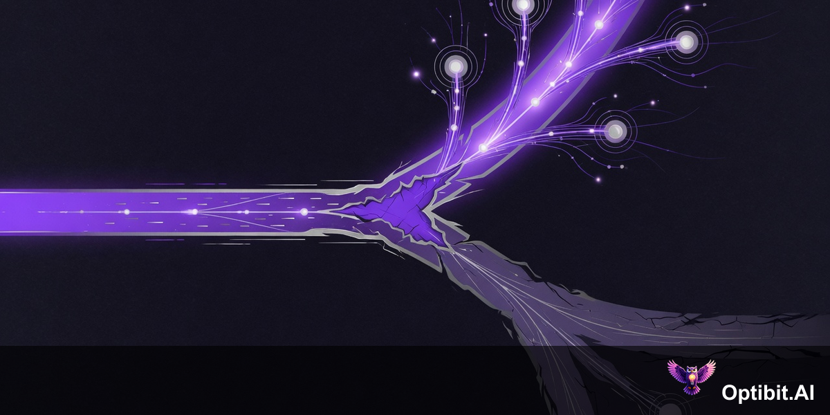 A single path forks into two directions: one ascending toward AI orchestration and leverage, one descending toward bottleneck and irrelevance